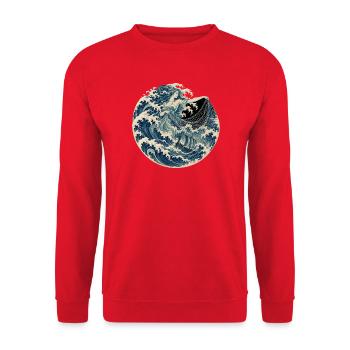 Rán – die Meeresgöttin in der großen Welle - Unisex Pullover - Rot - Vorne - Alina (178cm) & Michal (187cm)