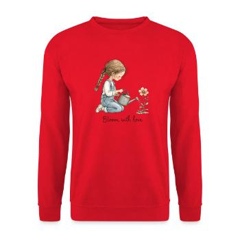 Mädchen mit Gießkanne – Bloom With Love Garten - Unisex Pullover - Rot - Vorne - Alina (178cm) & Michal (187cm)