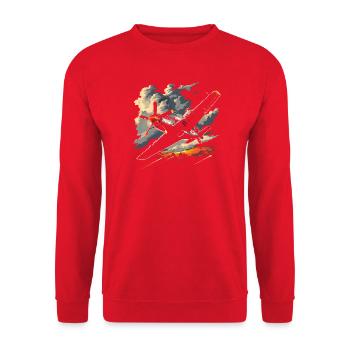 Propeller Flugzeug Grafik - Unisex Pullover - Rot - Vorne - Alina (178cm) & Michal (187cm)