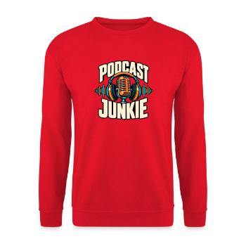 Podcast Junkie Mikrofon Kopfhörer Retro Design - Unisex Pullover - Rot - Vorne - Alina (178cm) & Michal (187cm)