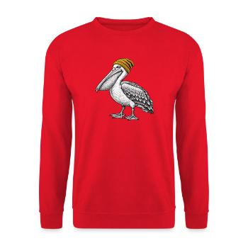 Pelikan mit Strickmütze - Unisex Pullover - Rot - Vorne - Alina (178cm) & Michal (187cm)