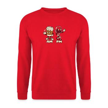 AM Kaffee PM Wein Cartoon Design - Unisex Pullover - Rot - Vorne - Alina (178cm) & Michal (187cm)