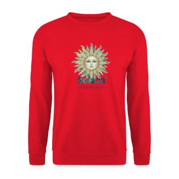 Solara Sun mit Vintage-Schrift - Unisex Pullover - Rot - Vorne - Alina (178cm) & Michal (187cm)