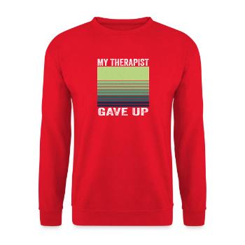 Mein Therapeut hat auf schwarzen Humor verzichtet, Zitat lustig - Unisex Pullover - Rot - Vorne - Alina (178cm) & Michal (187cm)