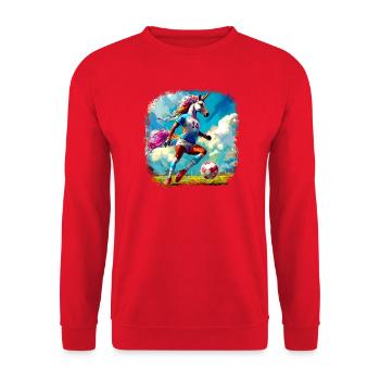 Einhörner Fussball / Fussballer Einhorn - Unisex Pullover - Rot - Vorne - Alina (178cm) & Michal (187cm)