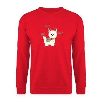 Weihnachts-Lama mit Rentieroutfit und Glöckchen - Unisex Pullover - Rot - Vorne - Alina (178cm) & Michal (187cm)