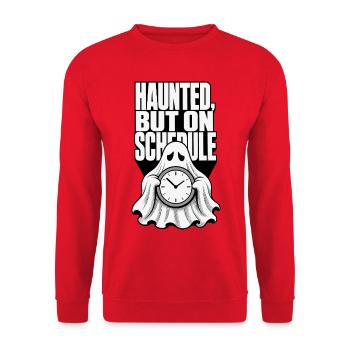 Geist mit Uhr – Haunted, But on Schedule - Unisex Pullover - Rot - Vorne - Alina (178cm) & Michal (187cm)