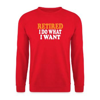 Im Ruhestand Ich mache, was ich will Lustiges Ruhestandsgeschenk - Unisex Pullover - Rot - Vorne - Alina (178cm) & Michal (187cm)