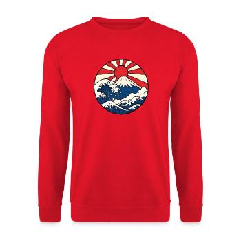 Mount Fuji Welle aufgehende Sonne Japan Art Shirt - Unisex Pullover - Rot - Vorne - Alina (178cm) & Michal (187cm)