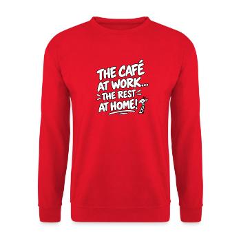 Café bei der Arbeit, Ruhe zu Hause - Unisex Pullover - Rot - Vorne - Alina (178cm) & Michal (187cm)