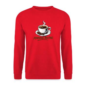 Morgenroutine: Heißer Kaffeebecher - Unisex Pullover - Rot - Vorne - Alina (178cm) & Michal (187cm)