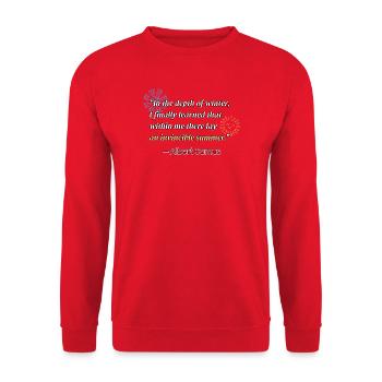 Literatur-Zitat von Albert Camus - Unisex Pullover - Rot - Vorne - Alina (178cm) & Michal (187cm)