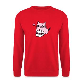 Geisterkatze auf Totenschädel gruselig niedliche Pastell-Goth - Unisex Pullover - Rot - Vorne - Alina (178cm) & Michal (187cm)