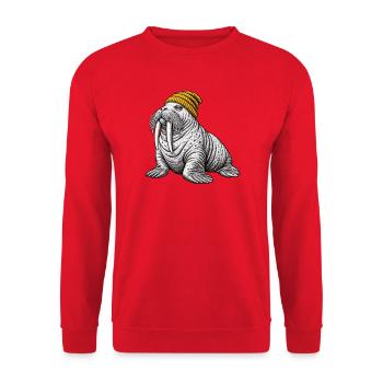 Walross mit Gelber Mütze - Unisex Pullover - Rot - Vorne - Alina (178cm) & Michal (187cm)