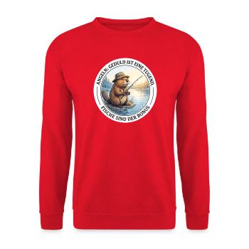 Angeln Geduld Petrijünger Biber Angler T-Shirt - Unisex Pullover - Rot - Vorne - Alina (178cm) & Michal (187cm)