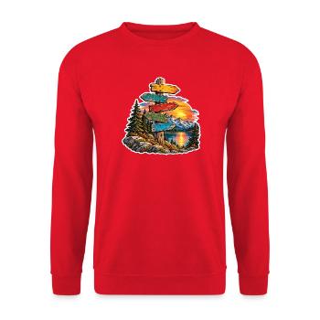 Wegweiser am Bergsee Sonnenuntergang - Unisex Pullover - Rot - Vorne - Alina (178cm) & Michal (187cm)