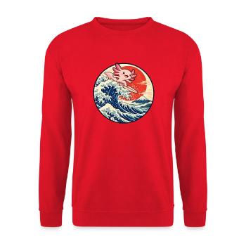 Süßer Axolotl surft auf japanischer Welle - Unisex Pullover - Rot - Vorne - Alina (178cm) & Michal (187cm)
