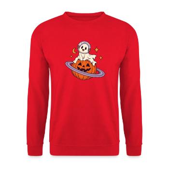 Astronaut auf Halloween-Kürbis - Unisex Pullover - Rot - Vorne - Alina (178cm) & Michal (187cm)