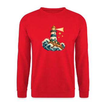 Aquarell Leuchtturm auf den Wellen - Unisex Pullover - Rot - Vorne - Alina (178cm) & Michal (187cm)