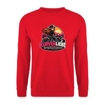 Kurvenliebe Motorradfahrerin Sunset - Unisex Pullover - Rot - Vorne - Alina (178cm) & Michal (187cm)