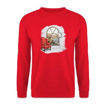 Cartoon Geier Duo am Fenster  - Unisex Pullover - Rot - Vorne - Alina (178cm) & Michal (187cm)