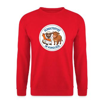 Schultertief im Kuhglück Rinderarzt Motiv - Unisex Pullover - Rot - Vorne - Alina (178cm) & Michal (187cm)