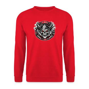 Vikingenschädel Feuerkreis - Unisex Pullover - Rot - Vorne - Alina (178cm) & Michal (187cm)