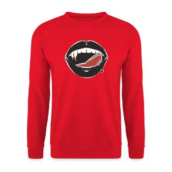 Schwarze Lippen und rotes Zungenpiercing - Unisex Pullover - Rot - Vorne - Alina (178cm) & Michal (187cm)