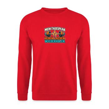 Fitness Tagesplan – Heben lachen wiederholen - Unisex Pullover - Rot - Vorne - Alina (178cm) & Michal (187cm)