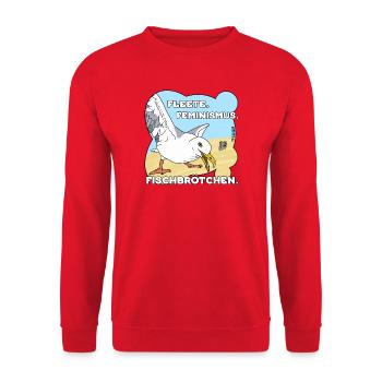 Fleete Feminismus Fischbrötchen  - Unisex Pullover - Rot - Vorne - Alina (178cm) & Michal (187cm)
