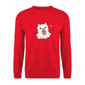 Süße Geisterkatze liebt Boba Tea Halloween - Unisex Pullover - Rot - Vorne - Alina (178cm) & Michal (187cm)