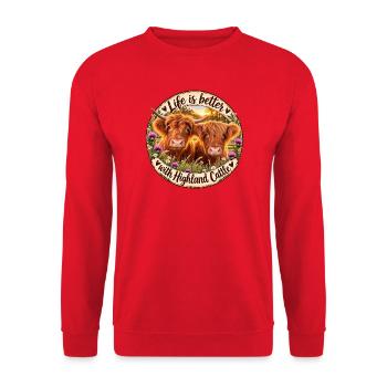 Life is better with Highland Cattle Rindermotiv - Unisex Pullover - Rot - Vorne - Alina (178cm) & Michal (187cm)