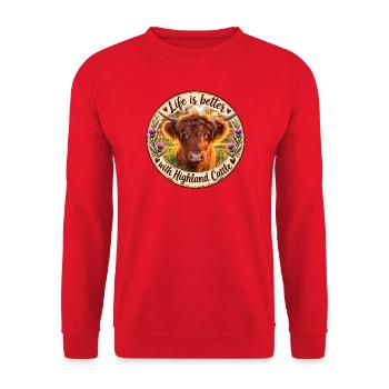 Life is better with Highland Cattle Kuh Motiv - Unisex Pullover - Rot - Vorne - Alina (178cm) & Michal (187cm)