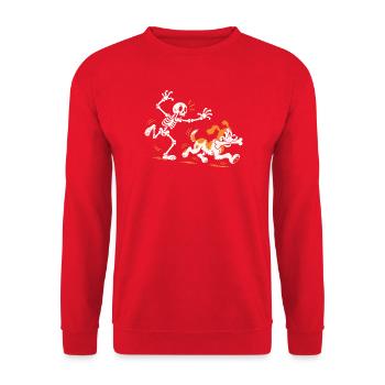 Der Hund klaut dem Skelett den Knochen - Unisex Pullover - Rot - Vorne - Alina (178cm) & Michal (187cm)