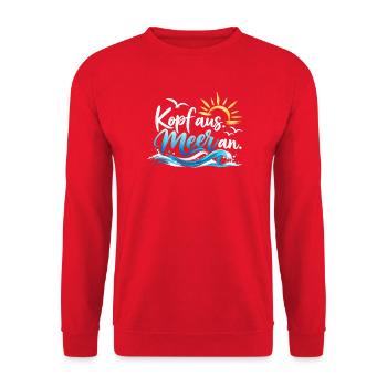 Kopf ins Meer: Sonnenwellen Typo - Unisex Pullover - Rot - Vorne - Alina (178cm) & Michal (187cm)