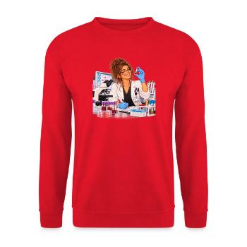 Schicke Wissenschaftlerin im Labor - Unisex Pullover - Rot - Vorne - Alina (178cm) & Michal (187cm)