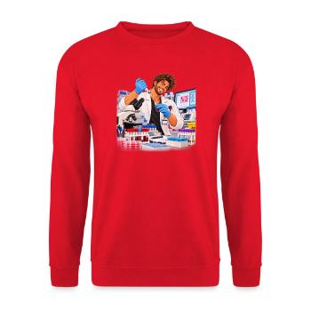 Wissenschaftler lächelt im farbenfrohen Labor - Unisex Pullover - Rot - Vorne - Alina (178cm) & Michal (187cm)
