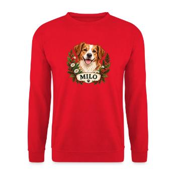 Hund Milo mit Blumenkranz - Unisex Pullover - Rot - Vorne - Alina (178cm) & Michal (187cm)