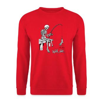 Tja, Scheiße, Skelettangeln, Hakenfuß, Dunkler Humor - Unisex Pullover - Rot - Vorne - Alina (178cm) & Michal (187cm)