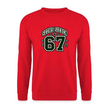 Sechs Sieben College Zahlen 67 Retro Vektor Shirt - Unisex Pullover - Rot - Vorne - Alina (178cm) & Michal (187cm)
