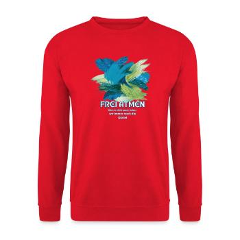 Frei Atmen – Farbexplosion mit Spruch - Unisex Pullover - Rot - Vorne - Alina (178cm) & Michal (187cm)