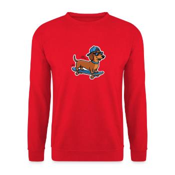 Cooler Dackel Skateboard Hund Skater T-Shirt - Unisex Pullover - Rot - Vorne - Alina (178cm) & Michal (187cm)