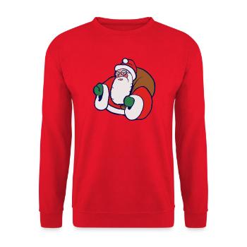 Fetter Cartoon-Weihnachtsmann mit Sack - Unisex Pullover - Rot - Vorne - Alina (178cm) & Michal (187cm)