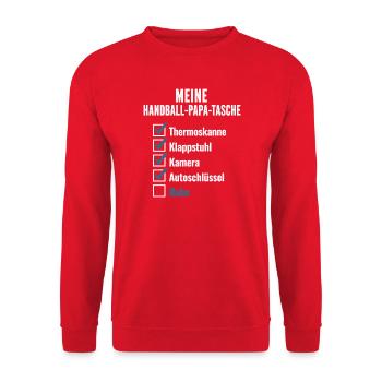 Handball Papa Tasche – Thermoskanne, Klappstuhl - Unisex Pullover - Rot - Vorne - Alina (178cm) & Michal (187cm)