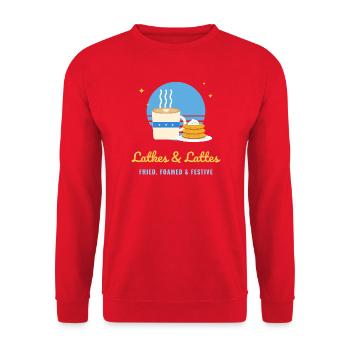Latkes und Lattes lustiges Chanukka - Unisex Pullover - Rot - Vorne - Alina (178cm) & Michal (187cm)