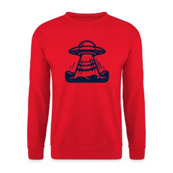 Ufo Alien Raumschiff Grafik - Unisex Pullover - Rot - Vorne - Alina (178cm) & Michal (187cm)