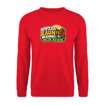 Hinterm Zaun beginnt mein Reich - Unisex Pullover - Rot - Vorne - Alina (178cm) & Michal (187cm)
