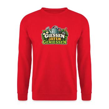 Gießen Jäten Genießen Gartenfreude - Unisex Pullover - Rot - Vorne - Alina (178cm) & Michal (187cm)