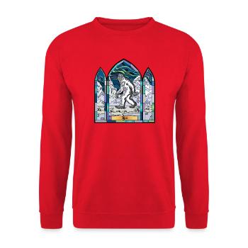 Buntglas-Yeti in Schneelandschaft - Unisex Pullover - Rot - Vorne - Alina (178cm) & Michal (187cm)