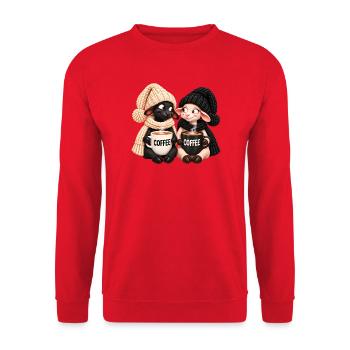 Schwarz-Weiß Schaf mit Kaffee - Unisex Pullover - Rot - Vorne - Alina (178cm) & Michal (187cm)